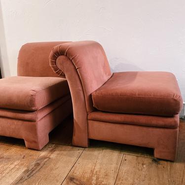 Pair of upholstered dusty rose slipper chairs, pair of accent chairs, velour pink slipper chairs 