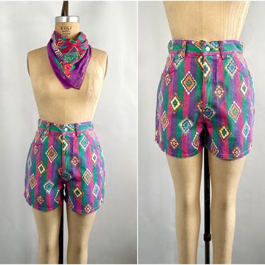 RED ROVER Vintage 80s High Waist Cotton Denim Shorts | 1980s Muted Neon Geometric Pattern | Memphis Southwestern Aztec Print | Size Medium 