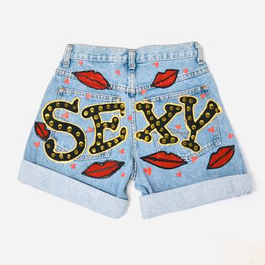 90s Vintage Leslie Hamel Jean Shorts Hand painted Love SEXY Jean Shorts XS Small High Waisted Pop Art Heart Love XOXO Jeans Madonna 