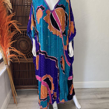 Vtg 70s 80s abstract sequined watercolor silk caftan OSFM 