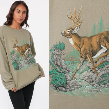 90s Deer Sweatshirt Animal Sweatshirt 80s Jumper Pullover Wildlife Shirt Buck 1990s Hipster Taupe Graphic Vintage Slouchy Medium Large 