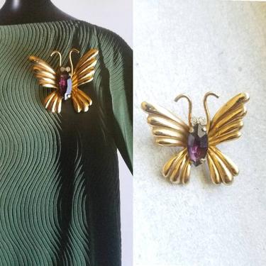 Coro amethyst brooch, butterly pin, 1950s lapel pin, amethyst jewelry, insect brooch, collar pin, creepy jewelry 