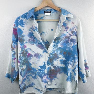 Cloud Sky Dyed Silk Vintage Silk Button Up Blouse // Softwear M/L 