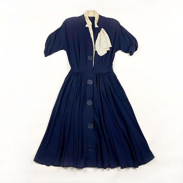 1940s Navy Blue Rayon Short Sleeve Day Dress with Oversize Buttons / Polkadot Scarf Detail / Medium / Small / 40s / Novelty / 27 Waist / 