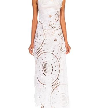 MORPHEW COLLECTION White Linen Entirely Hand Embroidered Cut-Out Lace Gown 