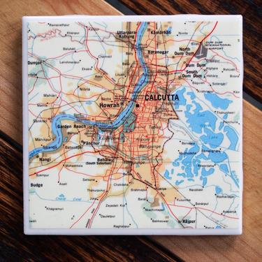 1969 Calcutta India Handmade Repurposed Vintage Map Coaster - Ceramic Tile - Repurposed 1960s Rand McNally Atlas - Tabletop Drink Coasters 