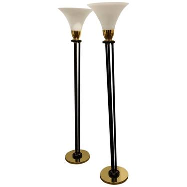 Pair of Art Deco Floor Lamps in Brass, Metal and Trumpet Glass Shape