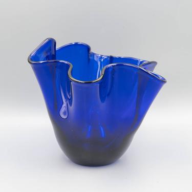 Cobalt Blue Glass Handkerchief Vase | Vintage Blue Glass Art Glass 