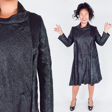 1960s Black Metallic Coat Dress | 60s Mod Black Coat Dress | Medium 