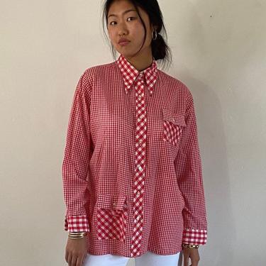 70s gingham blouse tunic / vintage red gingham checked contrast collar tissue thin cotton tunic button down pocket blouse over shirt | L 