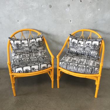 Pair of Vintage Yellow Lacquered Bamboo Rattan Chairs with Sunbrella Fabric
