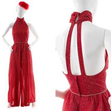 Vintage 1970s Palazzo Jumpsuit | 70s Metallic Red Sparkly Halter Open Back Wide Leg Rhinestones Formal Holiday Party Jumpsuit (small/medium) 