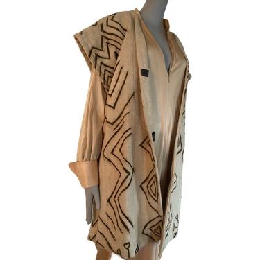 90s Vintage African wearable art duster, Art Deco duster, bark cloth heavy outerwear abstract long duster swing coat, opera coat vest 
