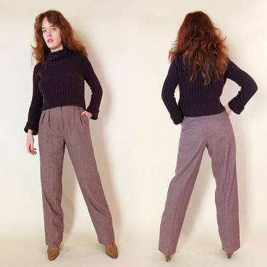 Houndstooth High Waist Trousers // 70s Straight Leg Pants Vintage Long Retro Wool Menswear Hippie Boho Mens Mom Professor Teacher Disco 