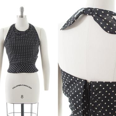 Vintage 1970s Halter Top | 70s Polka Dot Cotton Black Cropped Peplum Pin Up Blouse (small) 