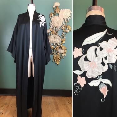 1990s black robe, kimono style robe, Satin house coat, vintage robe, Applique robe, black dressing gown, flapper style, natori robe, medium by BlackLabelVintageWA