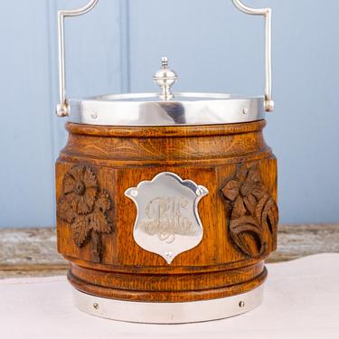 Antique Carved Oak and Silverplate Biscuit Barrel