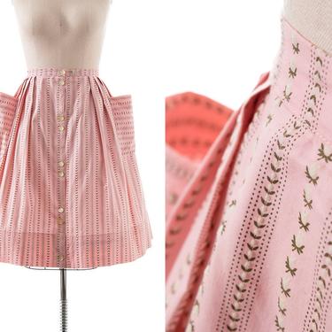 Vintage 1950s Skirt | 50s Flocked Floral Cotton Pink Pleated Button Up Full Skirt with Pockets (medium) 