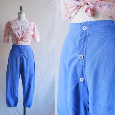 Antique Edwardian Hand Dyed Bloomers/ 1910s Blue Cotton Pants with Elastic at Hem/ Size Medium Large 