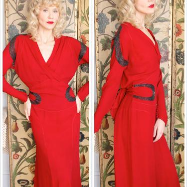 Late 1930s Dress // Scarlet Beaded Rayon Dress // vintage 30s dress 