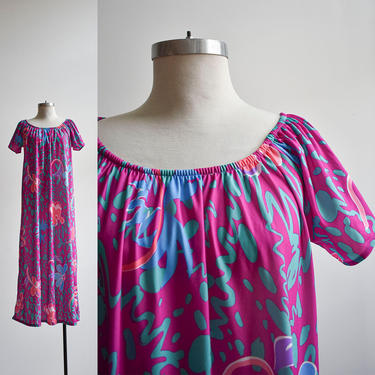 70s Floral Squiggle Print Summer Maxi Dress 