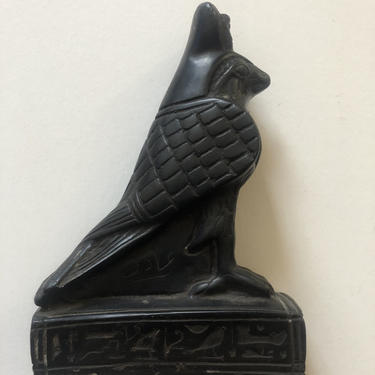 Egyptian Black Stone Falcon Sculpture, with hyroglyphs and Eye of Horus, Symbolic art 