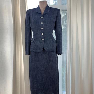 1940's-50's Rayon Suit - Denim Blue & White Tweed - White Pearlized Buttons - Long Skirt - Light Shoulder Pads - Size Medium - 29 Inch Waist 