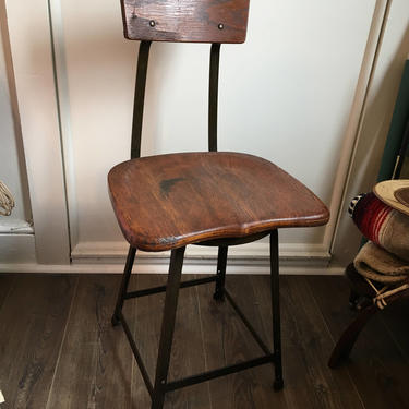 Vintage Industrial Stool Chair - Metal and Wood Stool - Drafting Workshop Studio Work Stool 