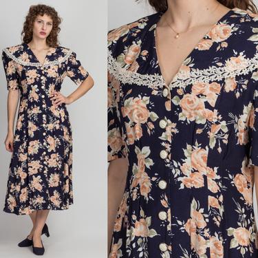 80s Does 30s Grunge Rose Floral Maxi Dress - Large | Vintage Art Deco Button Up Flower Print Shawl Collar Boho Sundress 