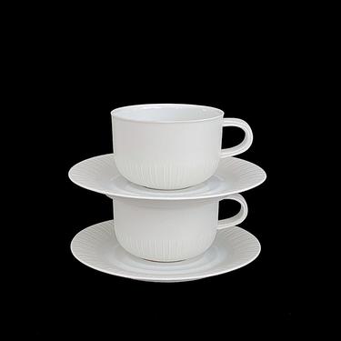 Vintage Post Modern PAIR Cups and Saucers FUJICERAM Lagoon PEARL Arita Japan Matte Finish with Modernist Ribbed Design 