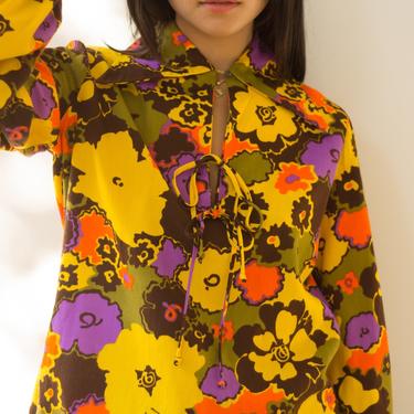 1970s Psychedelic Floral Spread Collar Tunic 