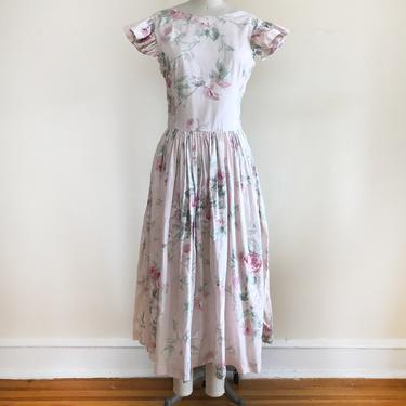 Pale Pink Floral Print Cotton Midi-Dress - 1980s 