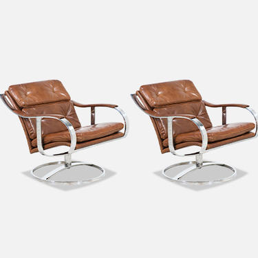 Warren Platner Cognac Leather & Chrome Lounge Chairs for Steelcase