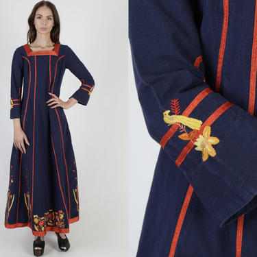 Vintage 70s Josefa Mexican Dress / Heavily Embroidered Floral Birds / Navy Blue Cotton Bell Sleeves / Womens South American Designer Dress 