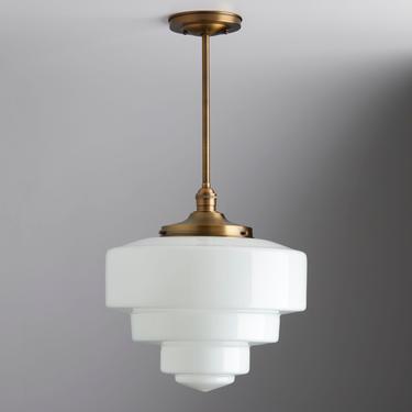 14&quot; Large Layered Art Deco Style White Glass - Downrod Pendant Light Fixture - Made in the USA 