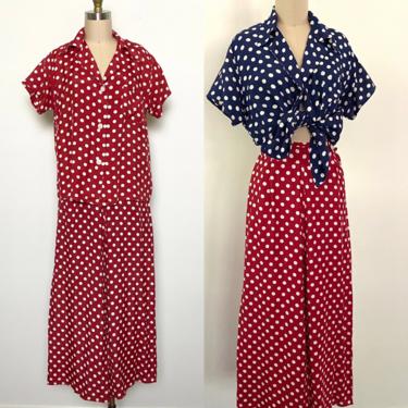 Vintage 1950s 1940s Rayon Pajamas 3 pc Loungewear Polka Dot Palazzo Pants Two Shirts 