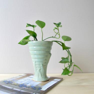 McCoy Brush green vase 528 - deco ribbed leaves - celadon pottery 