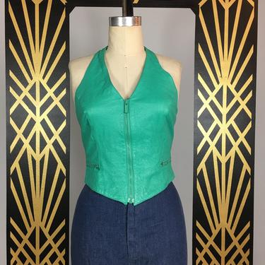 1980s halter top, aqua leather, vintage vest, backless, cropped top, Wilsons leather, zip front, sexy, rocker, size large, 90s biker style 
