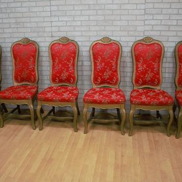 Hollywood Regency Gold Finish Newly Upholstered in Red Silk Chinoiserie Dining Chairs - Set of 6 