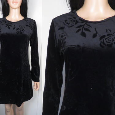 Vintage 90s Black Velvet Rose Print Bell Sleeve Goth Witchy Mini Dress Size M 