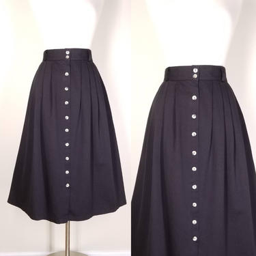 1980s Classic Black Pleated Skirt, Medium ~ High Waist Casual Button Skirt ~ 100% Cotton Flared Everyday Skirt ~ Versatile Boho Fashion 