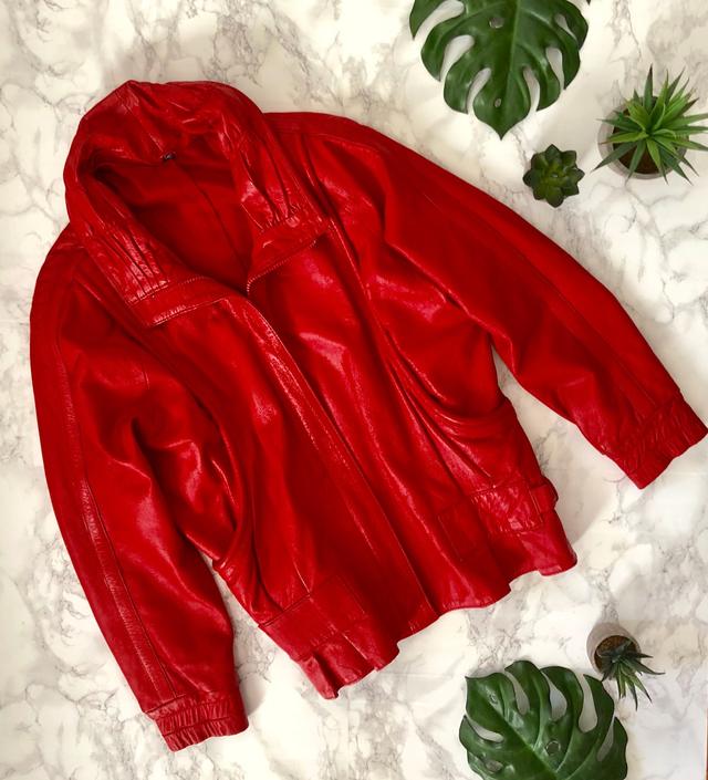 1980's Vintage Red Leather Jacket /Oversized Fit / Size Small, Medium / Long Sleeved, Pockets / Retro 80's Style 