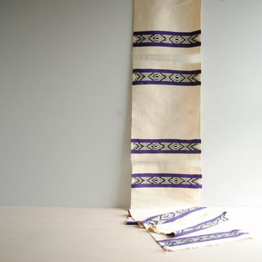 Vintage Woven Table Runner, 8.75' Long White Woven Table Runner with Purple and Black Stripes 