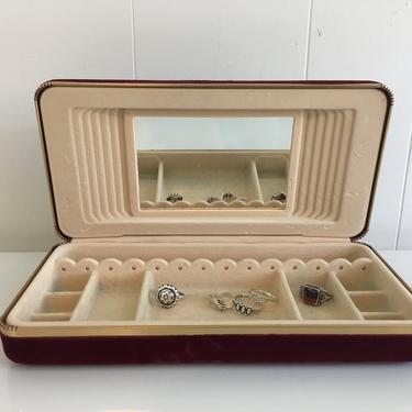 Vintage Travel Jewelry Box Velvet Earring Ring Case Burgundy Red Gold Mirror Hard Clamshell Retro Necklace Earrings Vanity Storage 