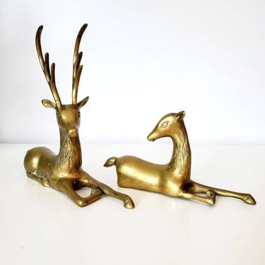 Vintage Brass Deer Resting Buck &amp; Doe Figurine Set 