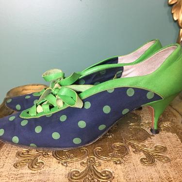 1960s shoes, de Angelo, vintage pumps, high heels, size 6, blue and green, polka dot shoes, statement shoes, mrs maisel, rockabilly style 