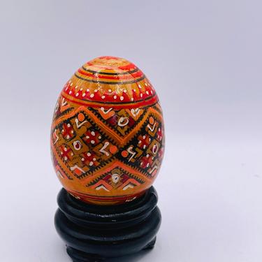 Vintage Russian Hand Painted Egg With Hand carved Wooden Stand 