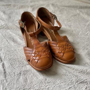 Vintage 70's Thom McAm Woven Leather T Strap Shoes, Aproximately Size 8 