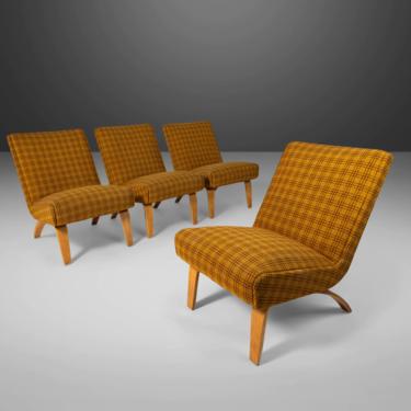 Set of Four (4) Slipper Chairs in Original Yellow Plaid Wool Fabric by Thonet, c. 1940s 