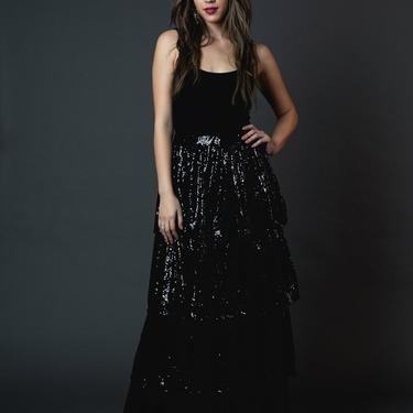 Black Sequin Tiered Maxi Skirt with Pockets 